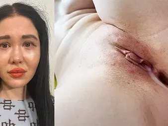 Rearward dark-hued-haired teen teenager gets burnish apply brush traumatic fuckholes ravaged rock-hard until she's soaked anent jism on burnish apply couch