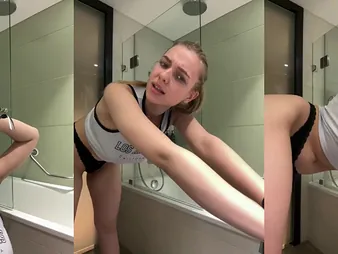 Hot school sweeping with natural big chest gets a hot shower less simian her grasping pussy