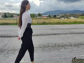 Cute teen with long thorn and a high heels gets a wet and wicked outdoor shower